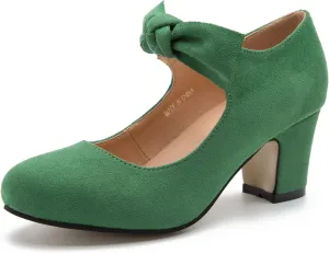 Women's Bow Mary Jane Low Block Chunky Heels Pumps Round Toe Low Heels Ankle Strap Wedding Dress Evening Party Shoes
