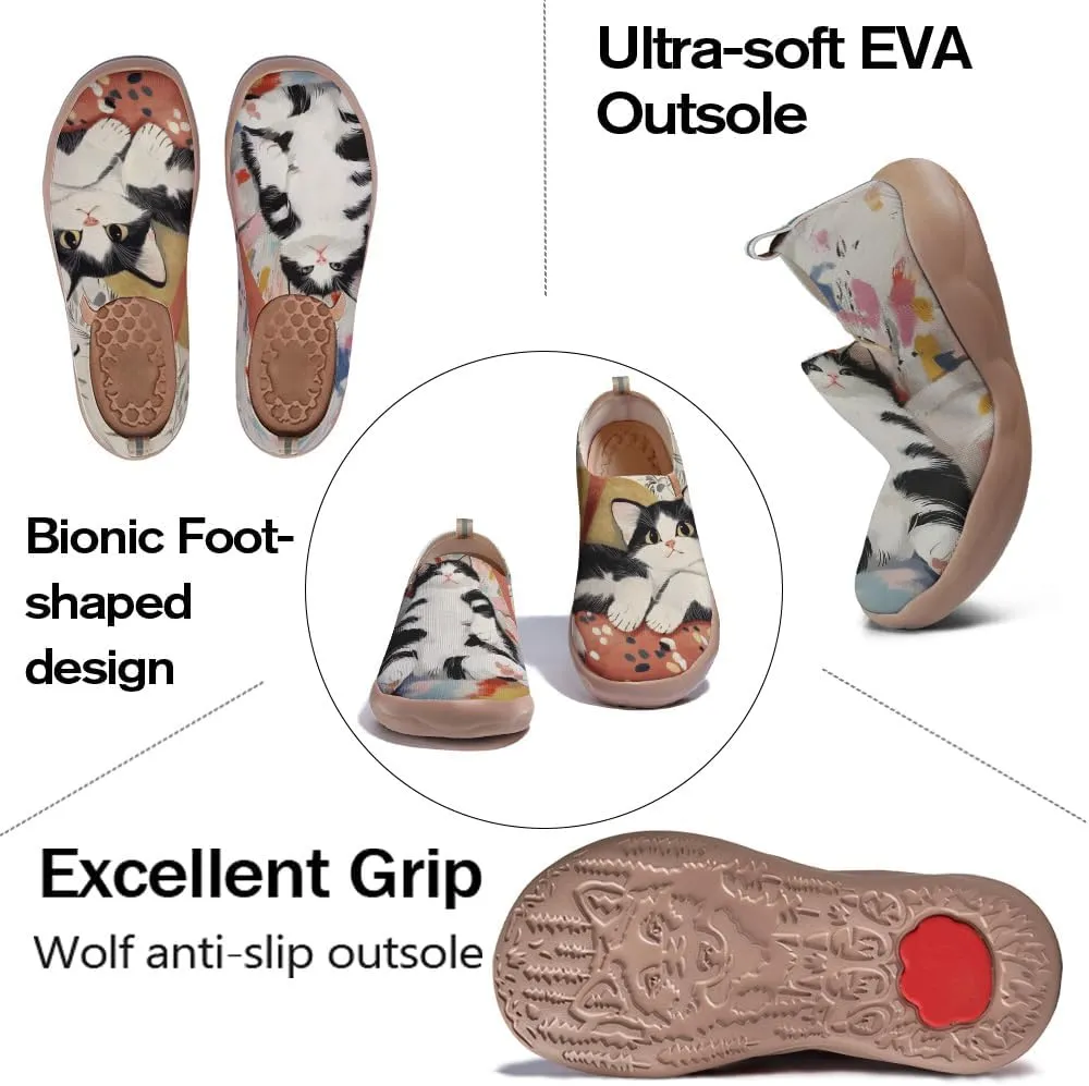 Women's Cat Painted Casual Loafers Slip On Knitted Mesh Walking Shoes Comfortable Lightweight Ladies Travel Shoes