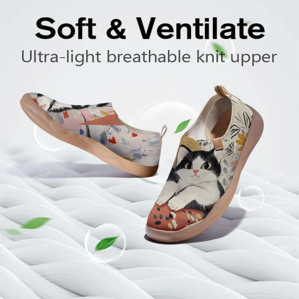 Women's Cat Painted Casual Loafers Slip On Knitted Mesh Walking Shoes Comfortable Lightweight Ladies Travel Shoes