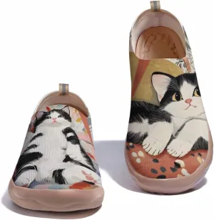 Women's Cat Painted Casual Loafers Slip On Knitted Mesh Walking Shoes Comfortable Lightweight Ladies Travel Shoes