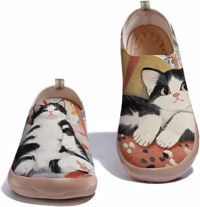 Women's Cat Painted Casual Loafers Slip On Knitted Mesh Walking Shoes Comfortable Lightweight Ladies Travel Shoes