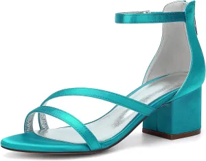 Women's Chunky Block Heel Sandals Strappy Open Toe Wedding Shoes for Bride Ankle Strap Prom Evening Pumps