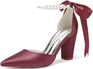 Women's Chunky Block Heel Wedding Shoes for Bride Satin Pearls Ankle Strap Evening Dressy Pumps
