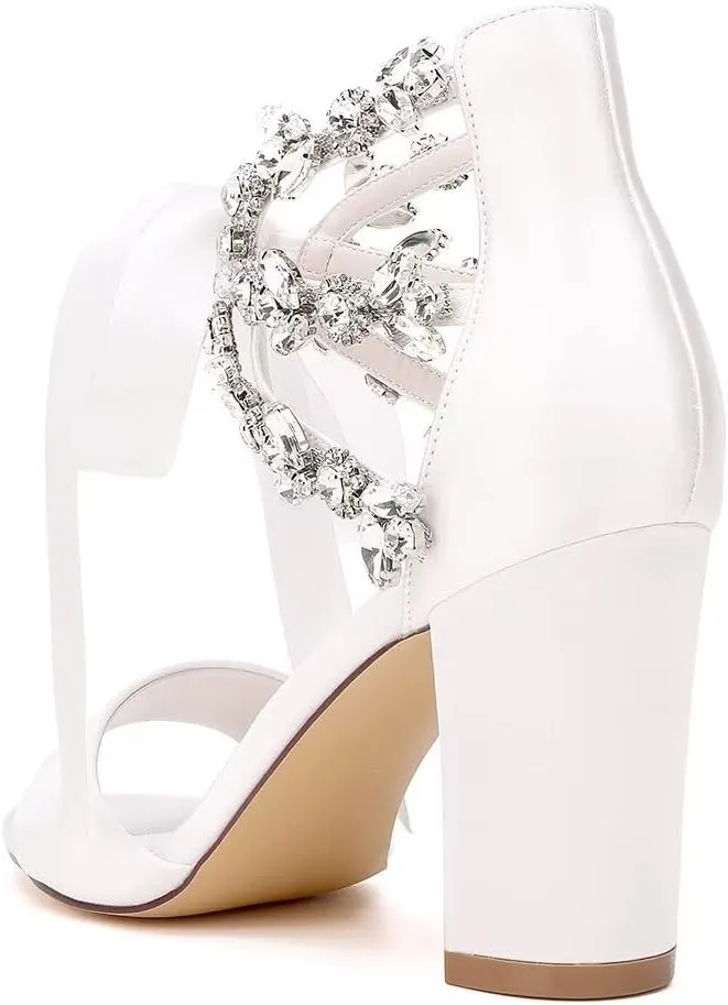 Women's Chunky Block Sandals for Wedding 2025 Open Toe Rhinestone Satin Dressy Pump Bridal Shoes with Ribbon