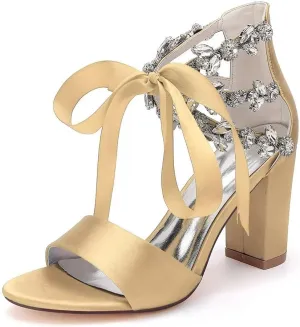 Women's Chunky Block Sandals for Wedding 2025 Open Toe Rhinestone Satin Dressy Pump Bridal Shoes with Ribbon