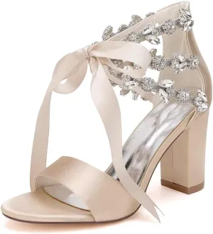 Women's Chunky Block Sandals for Wedding 2025 Open Toe Rhinestone Satin Dressy Pump Bridal Shoes with Ribbon