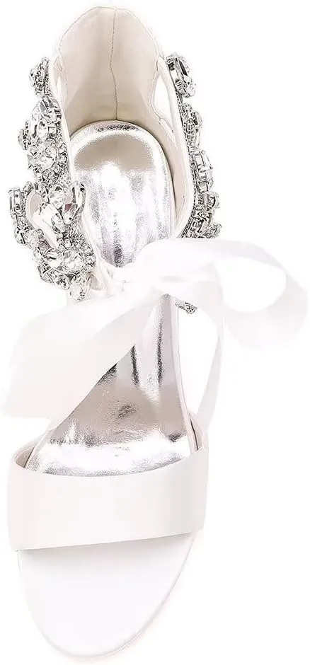 Women's Chunky Block Sandals for Wedding 2025 Open Toe Rhinestone Satin Dressy Pump Bridal Shoes with Ribbon