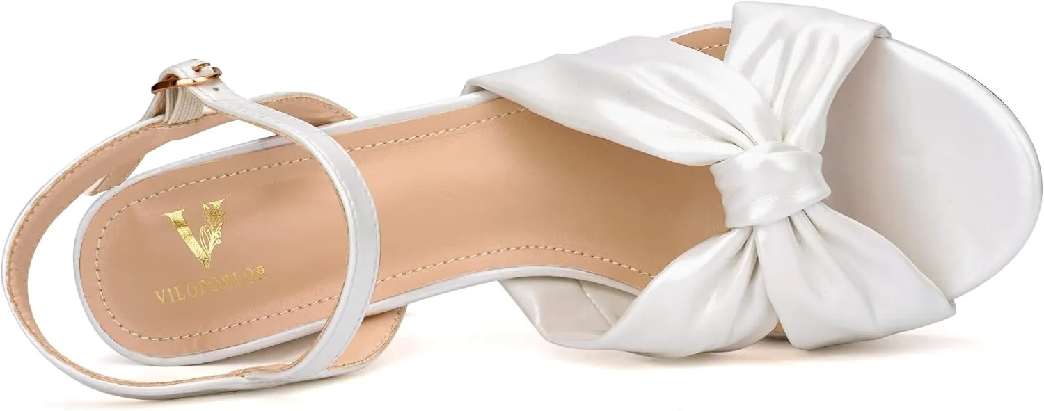 Women's Chunky Platform Heels with Adjustable Ankle Strap - Open Toe Bowknot Block Heel Strappy Sandals, Wedding Party Dressy Shoes Summer Sandals