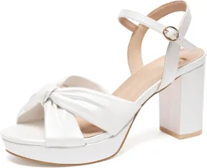 Women's Chunky Platform Heels with Adjustable Ankle Strap - Open Toe Bowknot Block Heel Strappy Sandals, Wedding Party Dressy Shoes Summer Sandals