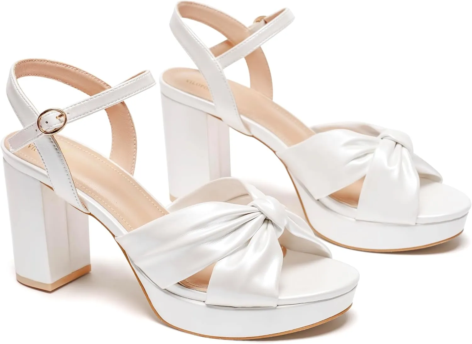 Women's Chunky Platform Heels with Adjustable Ankle Strap - Open Toe Bowknot Block Heel Strappy Sandals, Wedding Party Dressy Shoes Summer Sandals