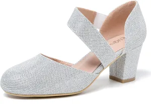 Women's Closed Round Toe Low Block Heels Pumps Crossed Strap D'Orsay Dress Wedding Bridal Party Office Shoes