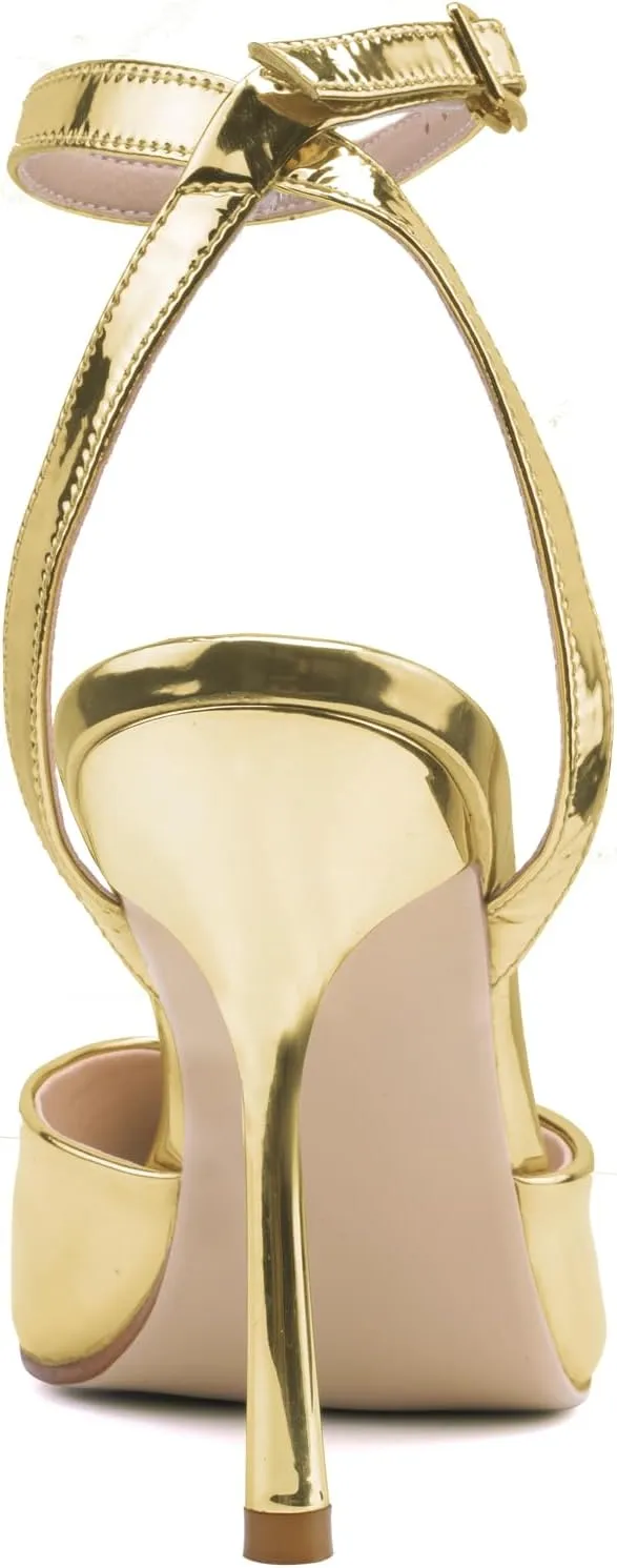 Women's Closed Toe Heeled Sandals Ankle Buckle Strap Mesh Shoes Funky Cowhide Pointed Dresses