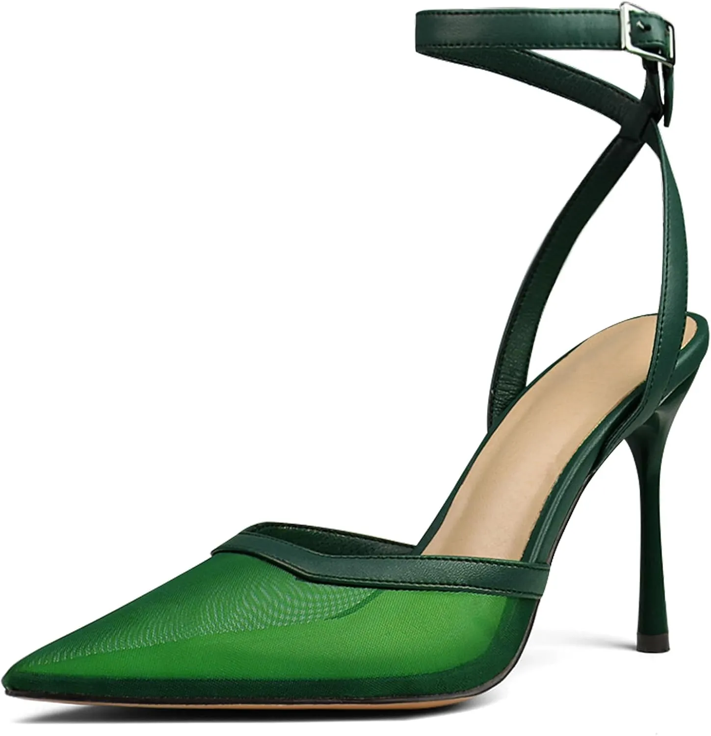 Women's Closed Toe Heeled Sandals Ankle Buckle Strap Mesh Shoes Funky Cowhide Pointed Dresses
