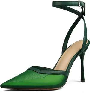 Women's Closed Toe Heeled Sandals Ankle Buckle Strap Mesh Shoes Funky Cowhide Pointed Dresses