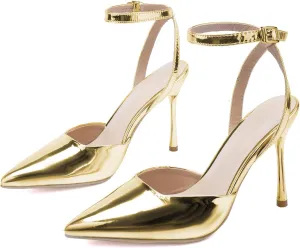 Women's Closed Toe Heeled Sandals Ankle Buckle Strap Mesh Shoes Funky Cowhide Pointed Dresses