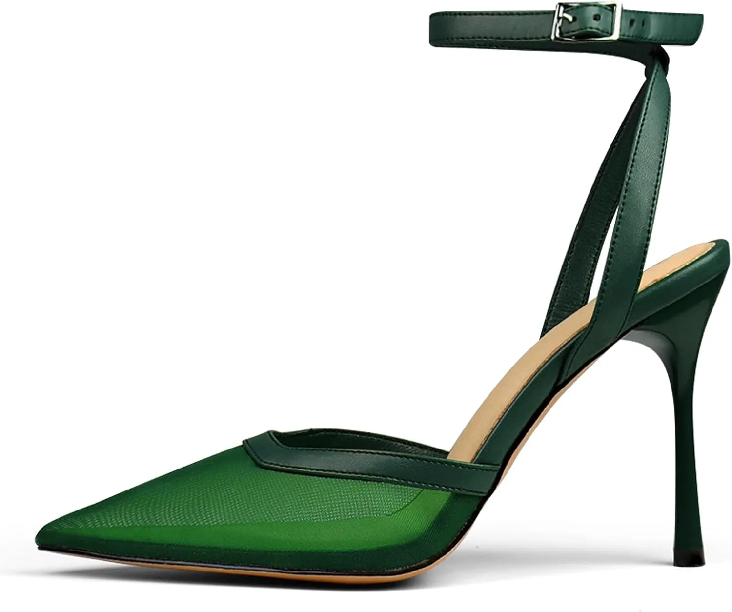 Women's Closed Toe Heeled Sandals Ankle Buckle Strap Mesh Shoes Funky Cowhide Pointed Dresses