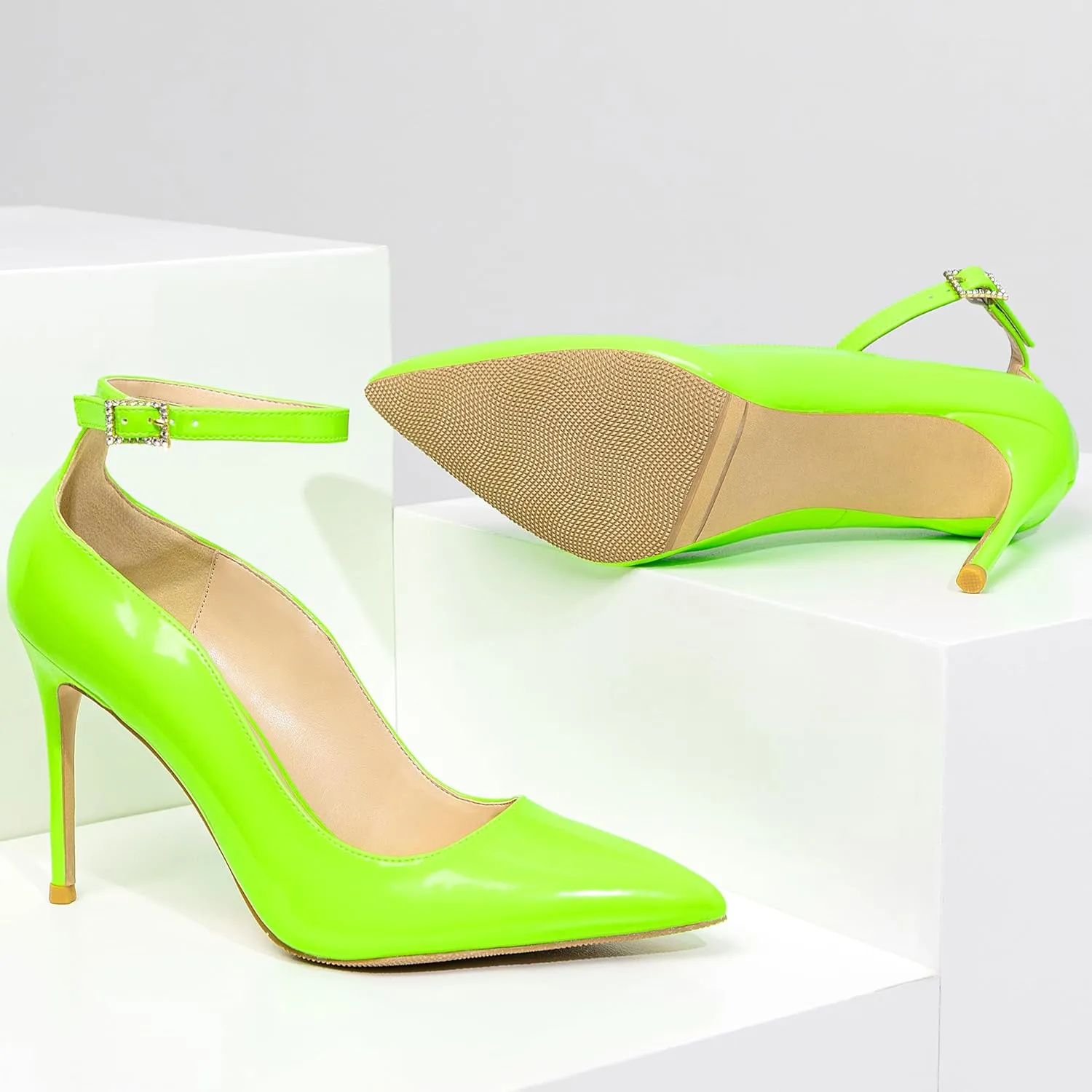 Women's Closed Toe Pointed Toe High Heels Pumps 4IN Stiletto Heels for Women Ankle Strap Dress Wedding Shoes