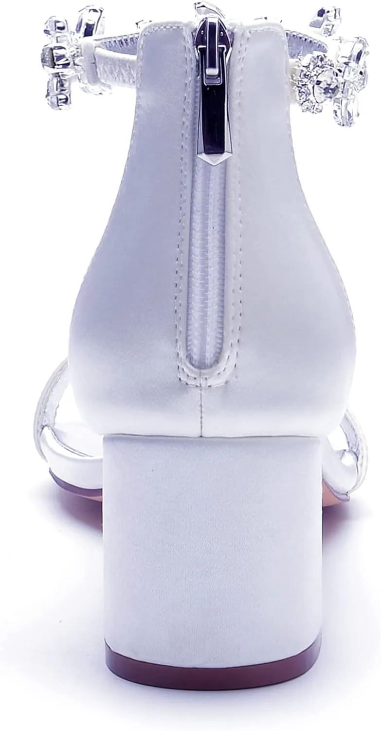 Women's Crystal Block Heels Satin Wedding Shoes for Bride Low Heels Comfortable Bridal Shoes White Heels Chunky Formal Evening Party Prom Sandals Pumps