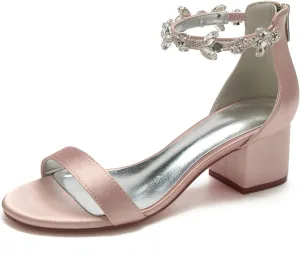 Women's Crystal Block Heels Satin Wedding Shoes for Bride Low Heels Comfortable Bridal Shoes White Heels Chunky Formal Evening Party Prom Sandals Pumps