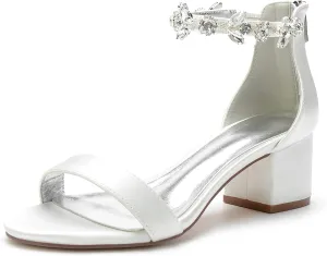Women's Crystal Block Heels Satin Wedding Shoes for Bride Low Heels Comfortable Bridal Shoes White Heels Chunky Formal Evening Party Prom Sandals Pumps