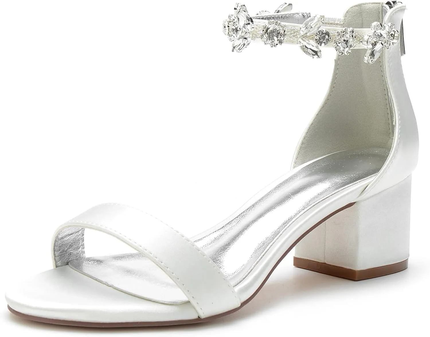 Women's Crystal Block Heels Satin Wedding Shoes for Bride Low Heels Comfortable Bridal Shoes White Heels Chunky Formal Evening Party Prom Sandals Pumps