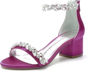 Women's Crystal Satin Wedding Shoes for Bride Low Heels Comfortable Bridal Shoes White Block Heels Chunky Formal Evening Party Prom Sandals Pumps