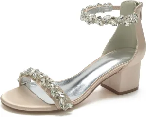 Women's Crystal Satin Wedding Shoes for Bride Low Heels Comfortable Bridal Shoes White Block Heels Chunky Formal Evening Party Prom Sandals Pumps