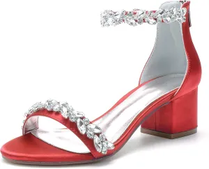 Women's Crystal Satin Wedding Shoes for Bride Low Heels Comfortable Bridal Shoes White Block Heels Chunky Formal Evening Party Prom Sandals Pumps