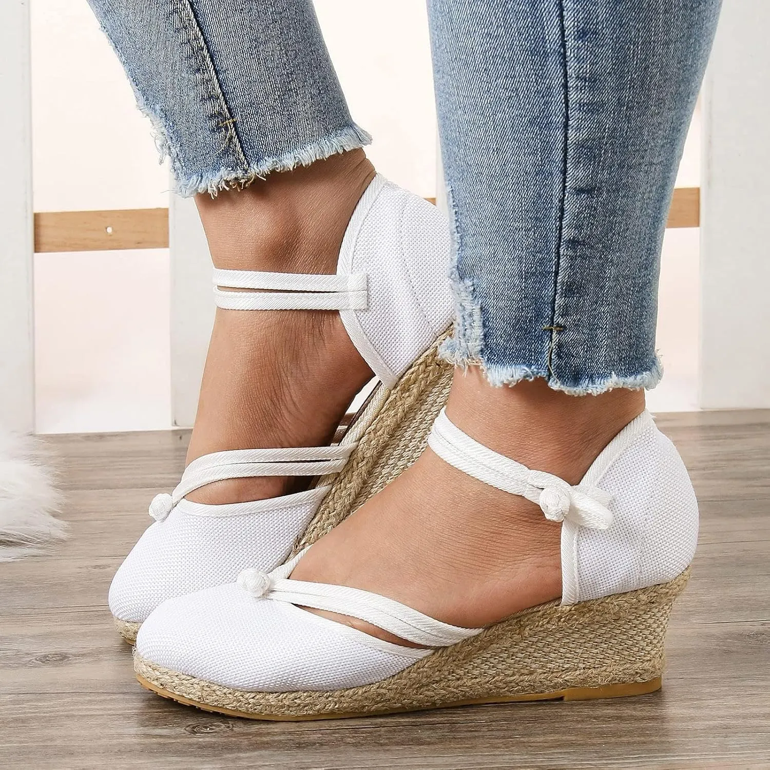 Women's Espadrilles Closed Toe Wedges Heels Sandals 2025 Women's Ankle Strap Closed Toe Dress Sandals Espadrilles Low Heel Canvas Dressy Summer Platform Wedge Casual Shoes