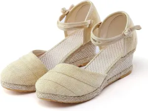 Women's Espadrilles Closed Toe Wedges Heels Sandals, Womens Close Toed Platform Wedge Shoes Comfortable Low Heel Canvas Dress Sandal for Outdoor Summer Beach with Ankle Strap