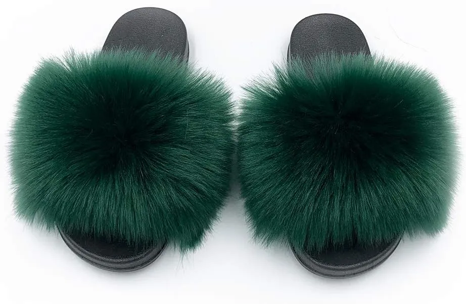 Women's Faux Fur Slides Slippers Fluffy Fuzzy Sandals Open Toe Furry Slide Flip Flop Indoor Outdoor