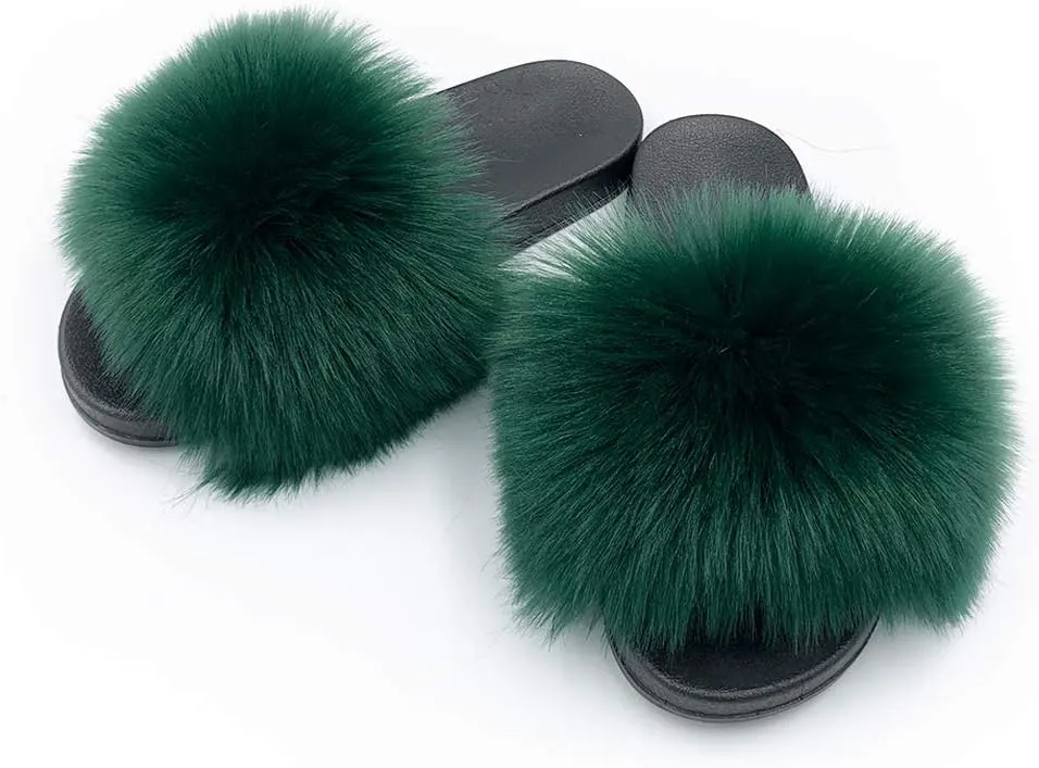 Women's Faux Fur Slides Slippers Fluffy Fuzzy Sandals Open Toe Furry Slide Flip Flop Indoor Outdoor