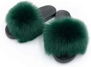 Women's Faux Fur Slides Slippers Fluffy Fuzzy Sandals Open Toe Furry Slide Flip Flop Indoor Outdoor