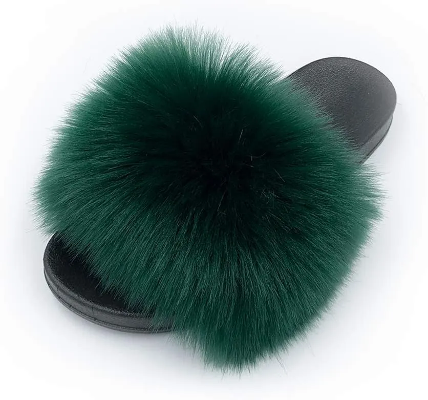 Women's Faux Fur Slides Slippers Fluffy Fuzzy Sandals Open Toe Furry Slide Flip Flop Indoor Outdoor