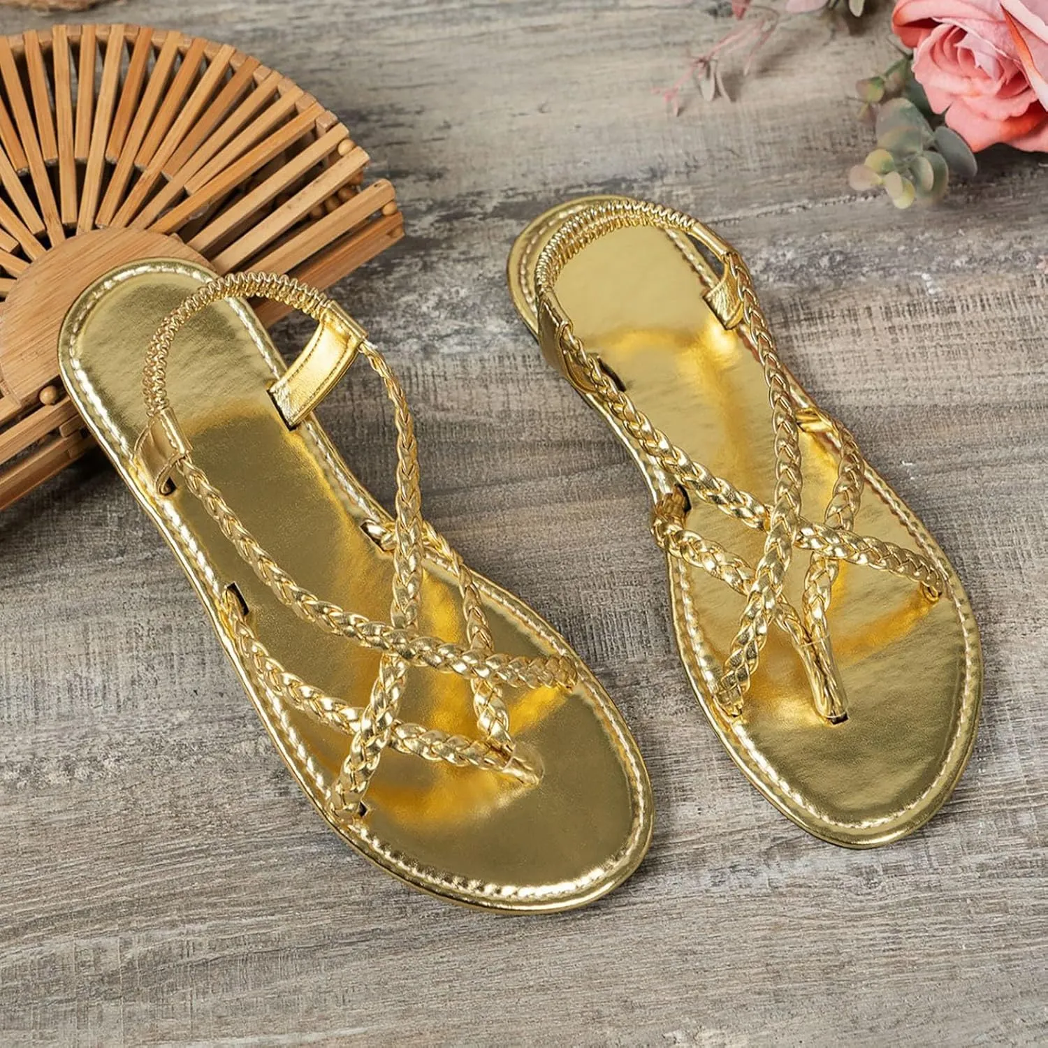Womens Flat Sandals Strappy Thong Sandals Casual Elastic Strap Flip Flops Slingback Beach Flip Flops