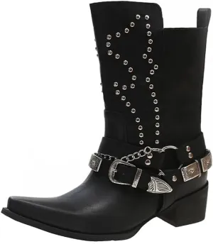 Women's Goth Leather Block Heel Ankle Boots Fashion Studded Ankle Strap Trim Punk Boots Winter Motorcycle Short Booties