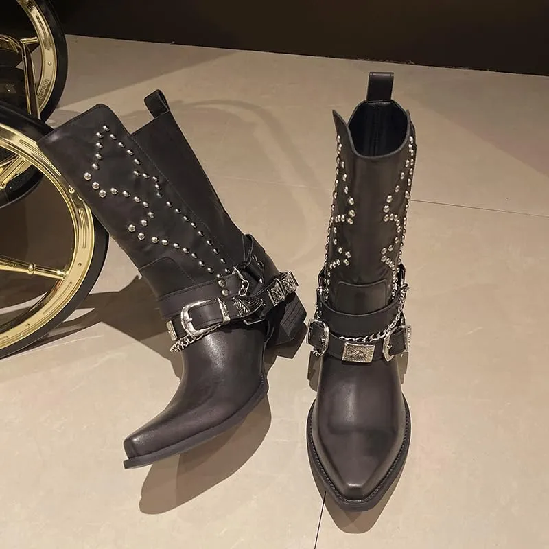 Women's Goth Leather Block Heel Ankle Boots Fashion Studded Ankle Strap Trim Punk Boots Winter Motorcycle Short Booties