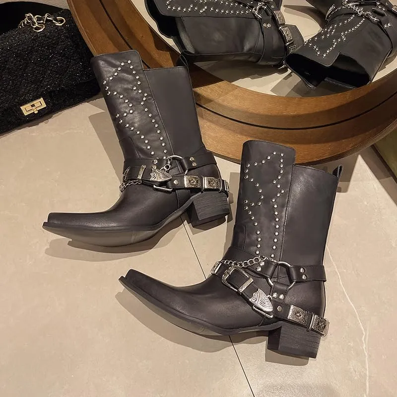 Women's Goth Leather Block Heel Ankle Boots Fashion Studded Ankle Strap Trim Punk Boots Winter Motorcycle Short Booties