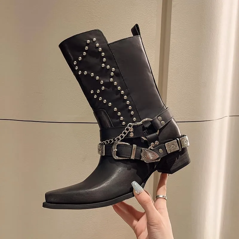 Women's Goth Leather Block Heel Ankle Boots Fashion Studded Ankle Strap Trim Punk Boots Winter Motorcycle Short Booties