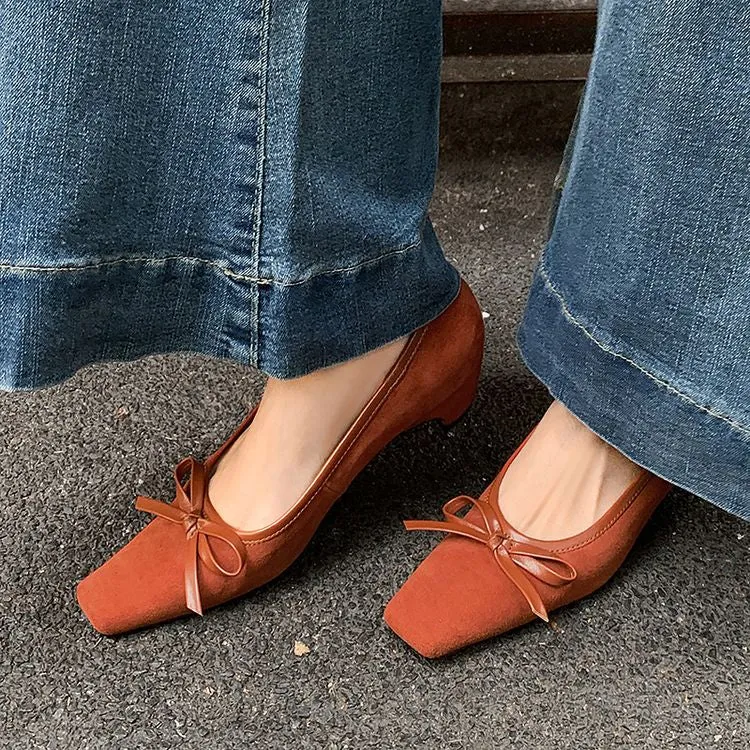Women's Handmade Bow Detail Suede Heeled Pumps Y2724