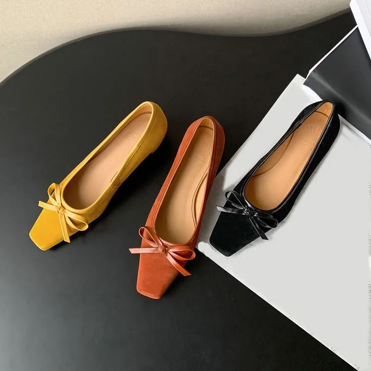 Women's Handmade Bow Detail Suede Heeled Pumps Y2724