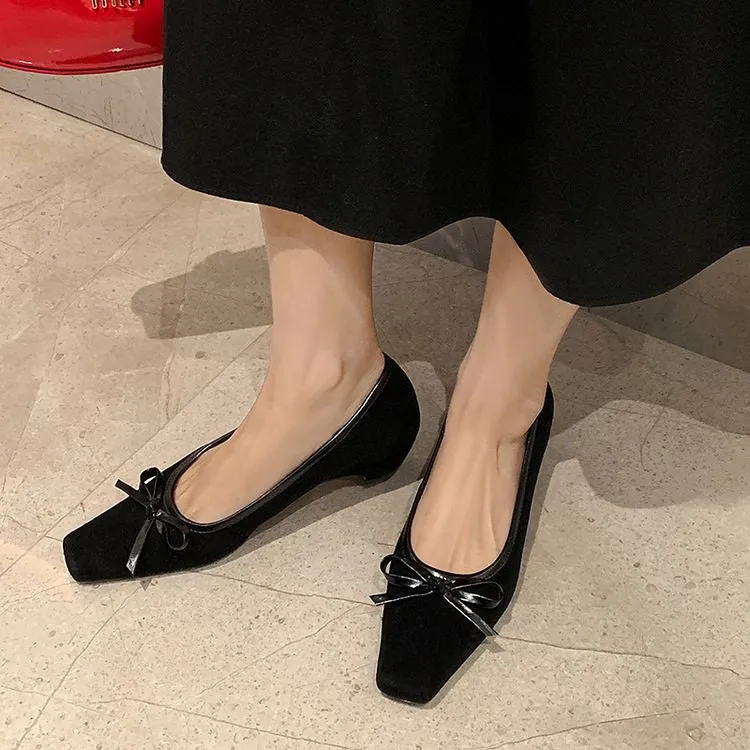 Women's Handmade Bow Detail Suede Heeled Pumps Y2724