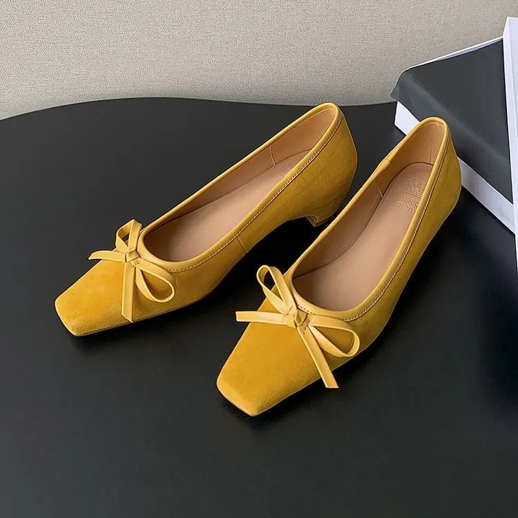 Women's Handmade Bow Detail Suede Heeled Pumps Y2724