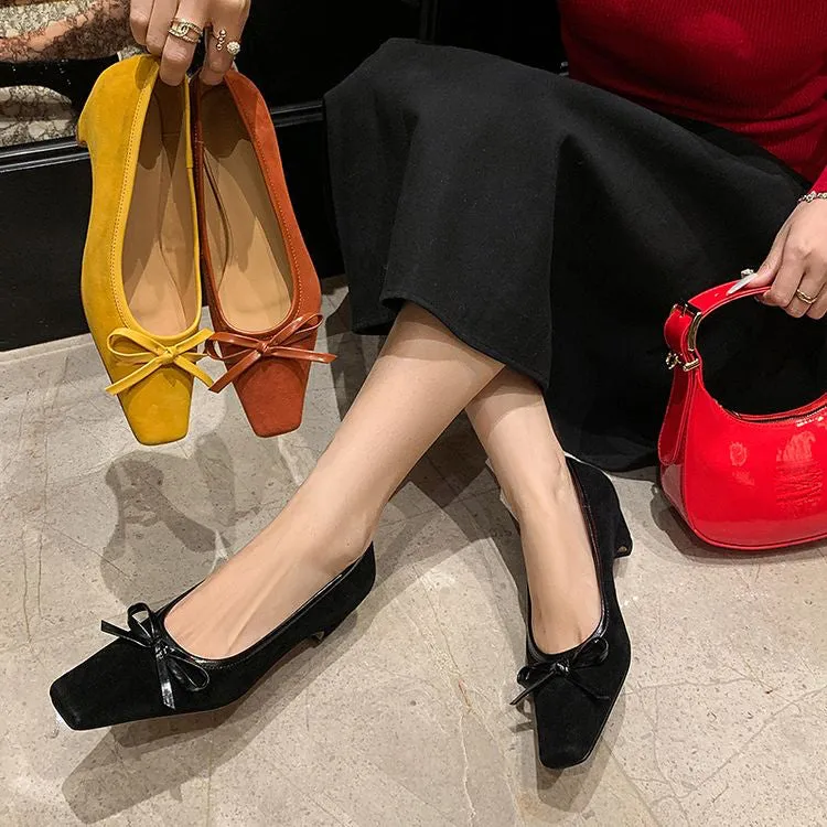Women's Handmade Bow Detail Suede Heeled Pumps Y2724