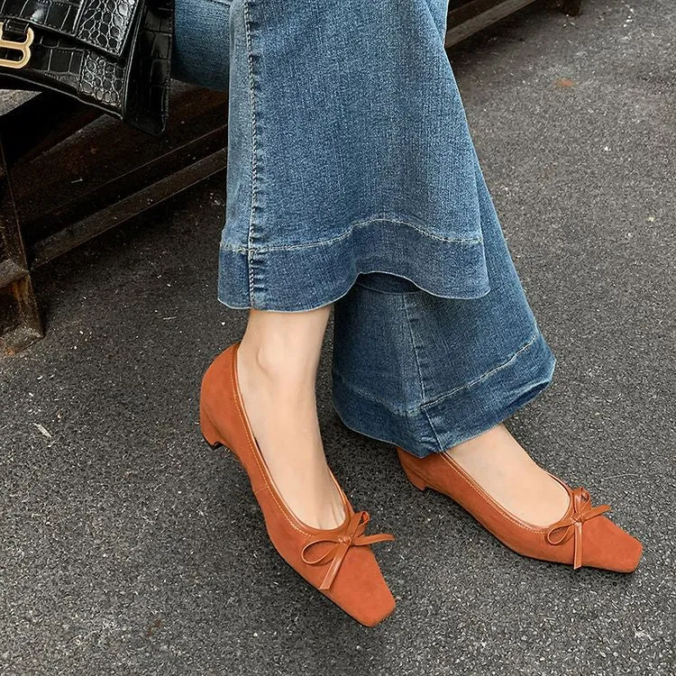 Women's Handmade Bow Detail Suede Heeled Pumps Y2724