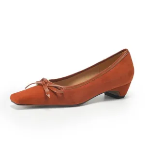 Women's Handmade Bow Detail Suede Heeled Pumps Y2724