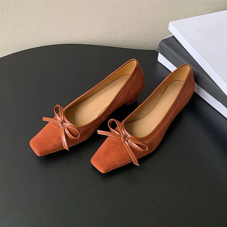 Women's Handmade Bow Detail Suede Heeled Pumps Y2724