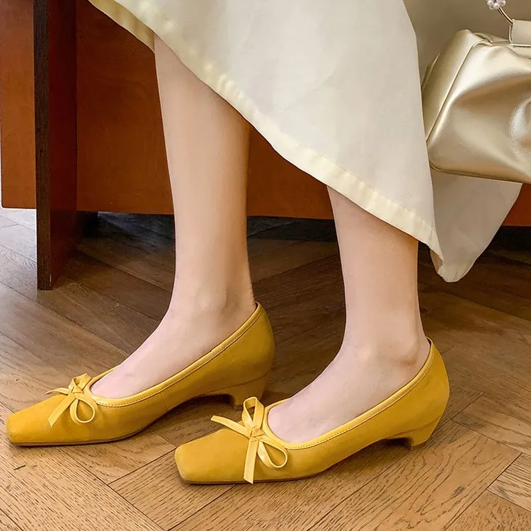 Women's Handmade Bow Detail Suede Heeled Pumps Y2724