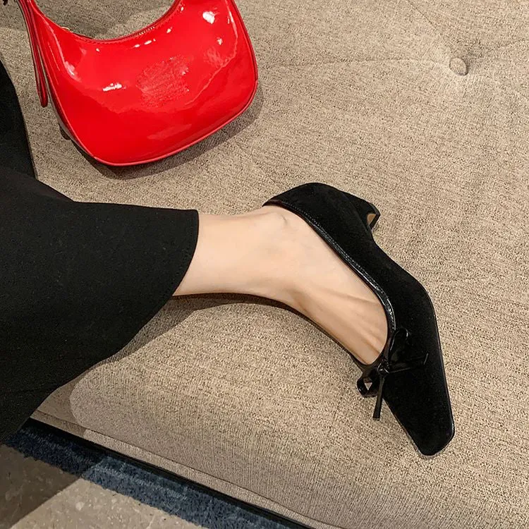 Women's Handmade Bow Detail Suede Heeled Pumps Y2724