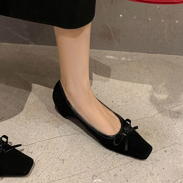 Women's Handmade Bow Detail Suede Heeled Pumps Y2724